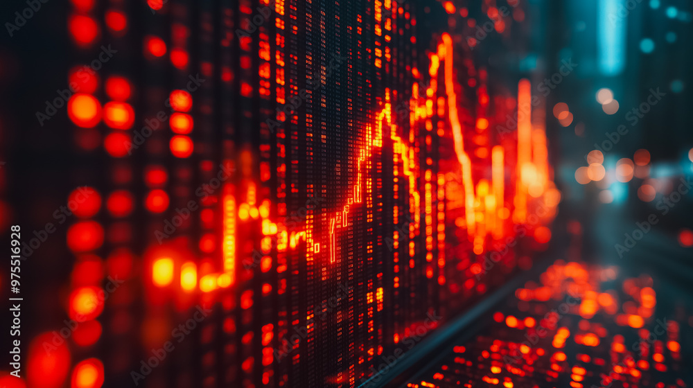A red and orange graph with a downward trend. The graph is on a screen and he is related to the stock market A red and orange graph with a downward trend. The graph is on a screen and he is related to the stock market