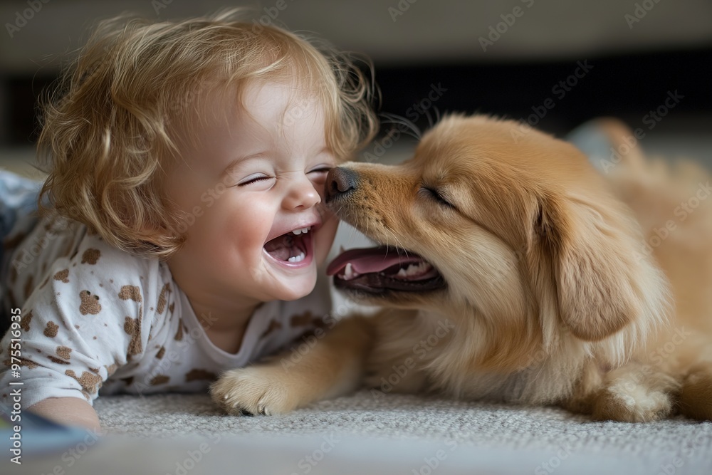 Toddler laughing with playful golden retriever on rug Toddler laughing with playful golden retriever on rug