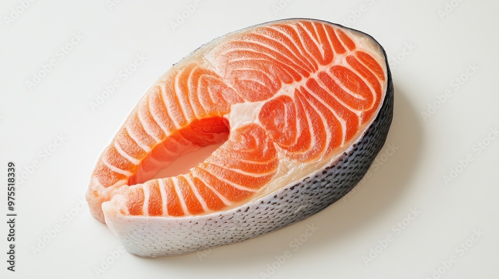 Salmon steak with skin displayed against a white background, highlighting the raw, unseasoned cut ready for culinary preparation. Salmon steak with skin displayed against a white background, highlighting the raw, unseasoned cut ready for culinary preparation.