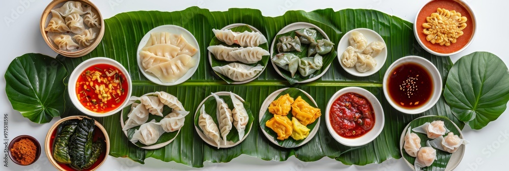 Chinese Dim Sum Set, Various Gyoza, Jiaozi or Momo on Banana Leaves, Spicy Sauces Top View Chinese Dim Sum Set, Various Gyoza, Jiaozi or Momo on Banana Leaves, Spicy Sauces Top View