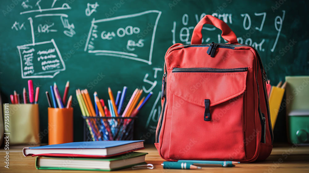 Red Backpack on Desk with School Supplies Red Backpack on Desk with School Supplies