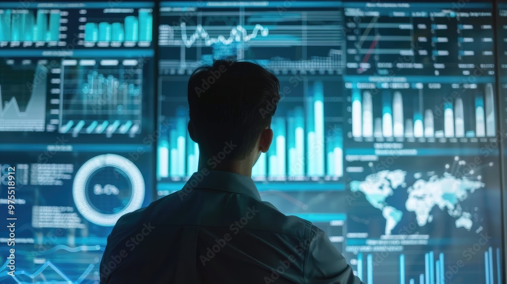 A businessman stands before a large screen displaying graphs and charts, analyzing data. A businessman stands before a large screen displaying graphs and charts, analyzing data.