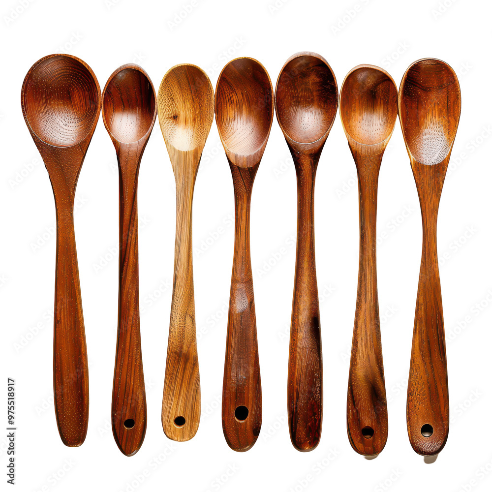 Transparent A row of wooden spoons are lined up on a white background Transparent A row of wooden spoons are lined up on a white background