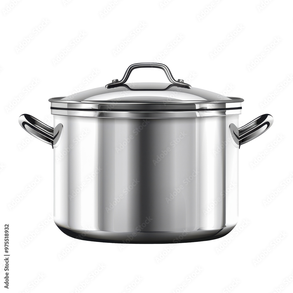 Transparent A large silver pot with a lid sits on a white background Transparent A large silver pot with a lid sits on a white background