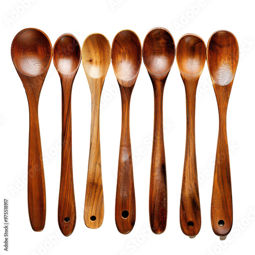 Transparent A row of wooden spoons are lined up on a white background