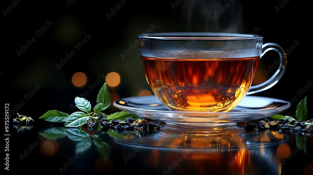A steaming cup of tea with tea leaves and mint on a black background. A steaming cup of tea with tea leaves and mint on a black background.
