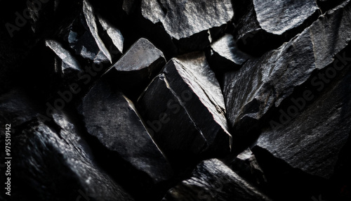 Black rock background with sharp, jagged granite edges. Dramatic shadows. Rough texture of stone photo