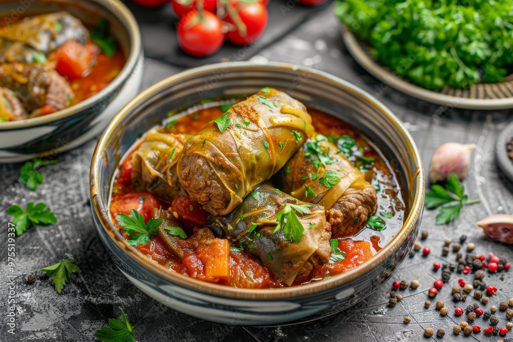 Dolma or Buglama with Lamb Shin, Vegetables, Fragrant Herbs. Sarma, Dolmades, Dolmadakia Dolma or Buglama with Lamb Shin, Vegetables, Fragrant Herbs. Sarma, Dolmades, Dolmadakia