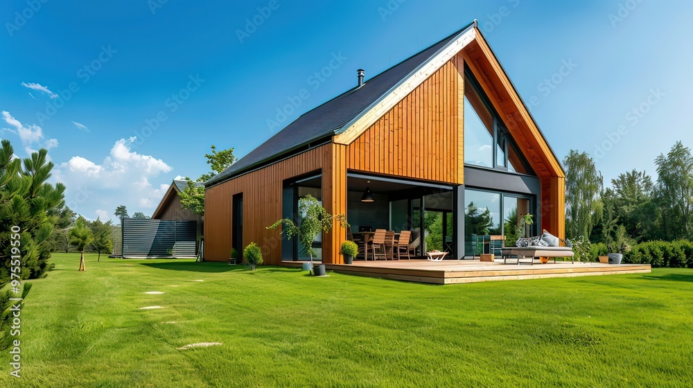 Contemporary A-frame house with wooden siding and a green lawn under a clear blue sky. Contemporary A-frame house with wooden siding and a green lawn under a clear blue sky.