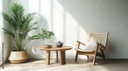 a serene home coffee relax corner that blends Japandi style ,featuring a wooden chair, a round table, and potted plant 