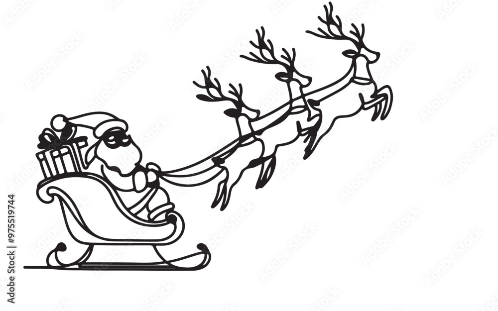 Fototapeta premium Continuous one black line art drawing of Santa Claus is flying in sleigh with Christmas reindeer doodle style sketch outline. illustration vector on white