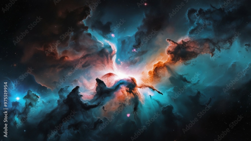 High-resolution digital rendering of a vibrant nebula in outer space, featuring swirling gases and dust in deep blues, turquoise, oranges, and pinks with scattered stars, generative ai High-resolution digital rendering of a vibrant nebula in outer space, featuring swirling gases and dust in deep blues, turquoise, oranges, and pinks with scattered stars, generative ai