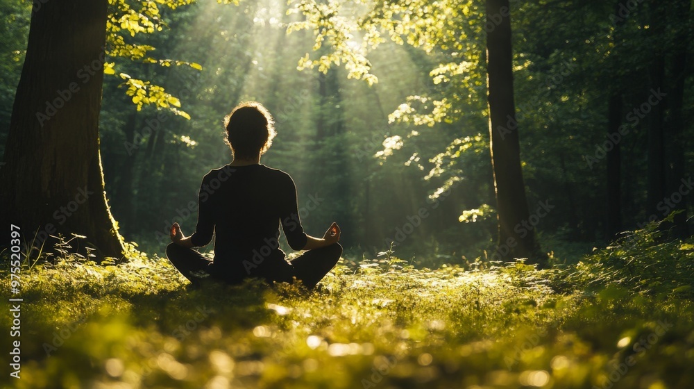 Person meditating in a sunlit forest, symbolizing the tranquility and healing aspects of forest bathing and ecotherapy Person meditating in a sunlit forest, symbolizing the tranquility and healing aspects of forest bathing and ecotherapy