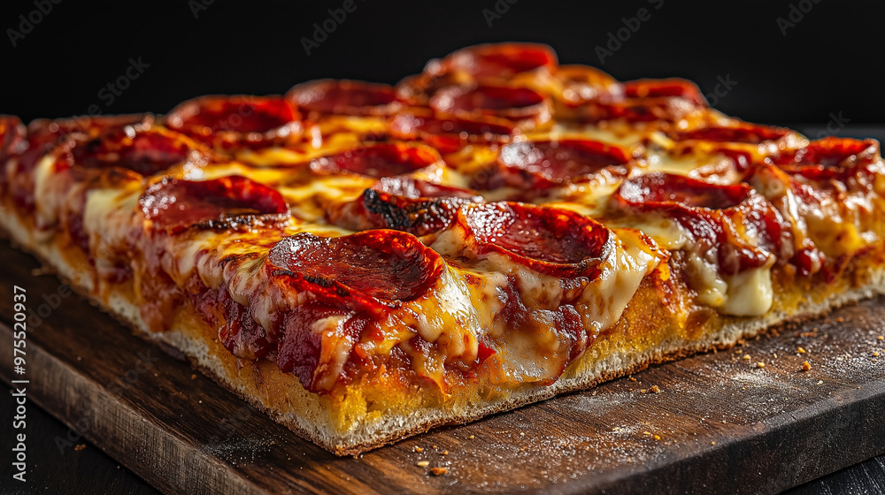 detroit pizza with cheese and salami on black background detroit pizza with cheese and salami on black background