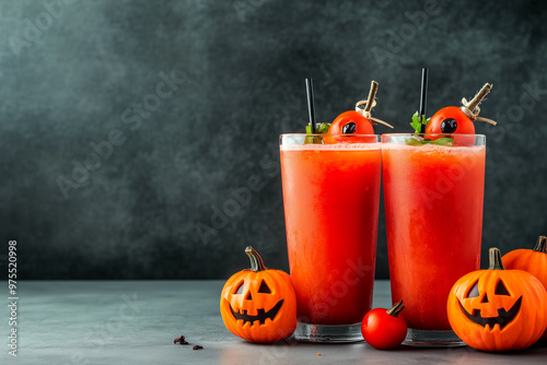 Cocktails with cherry tomatoes and black straws on dark textured background. Festive and spooky Halloween drink concept photo