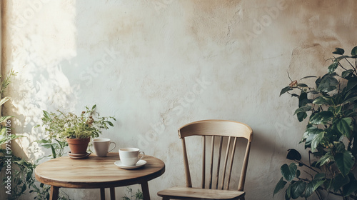 Wallpaper Mural a serene home coffee relax corner that blends Japandi style ,featuring a wooden chair, a round table, and potted plant  Torontodigital.ca