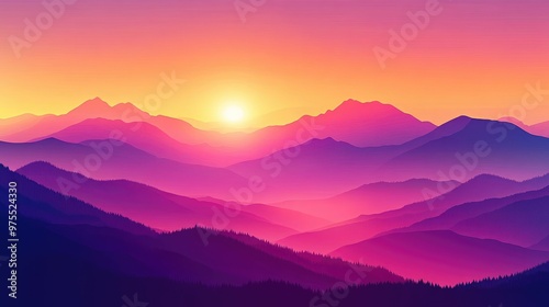 Vector artwork of a mountain landscape at sunset, with vibrant pinks, purples, and oranges creating a peaceful, glowing scene.