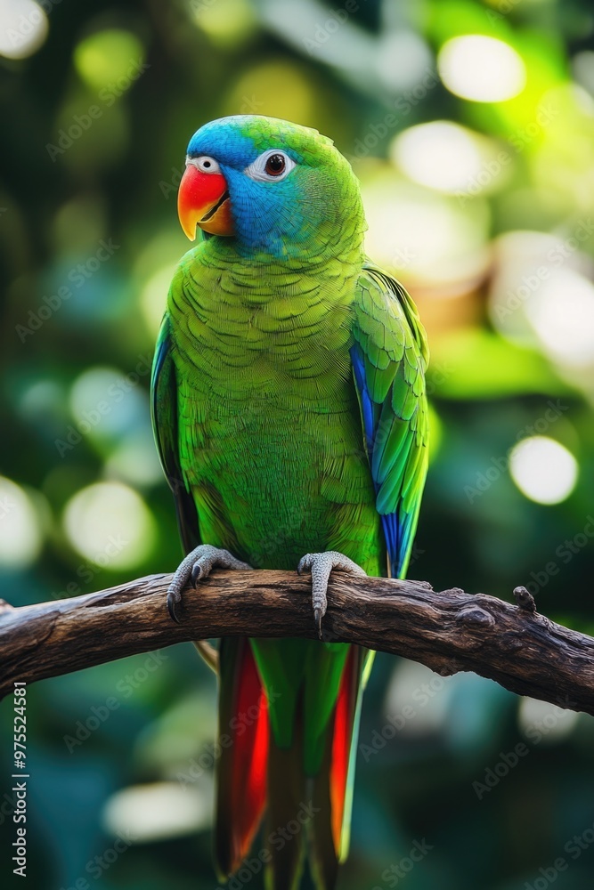 Naklejka premium Green Parrot on Tree Branch