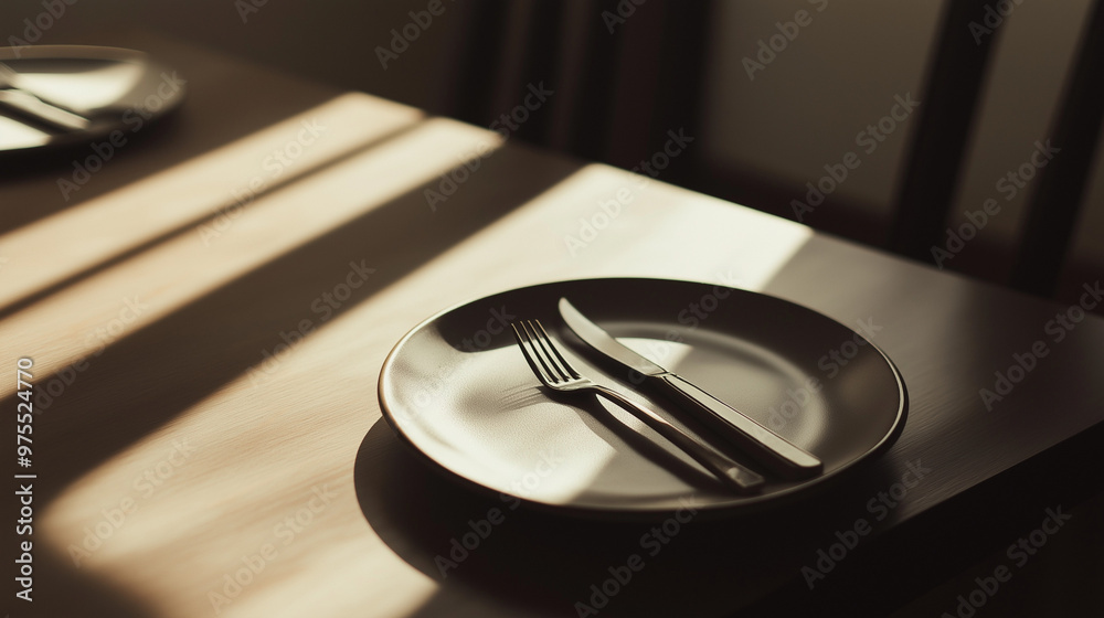 Empty Plate with Cutlery on Wooden Table, Fasting Concept, Sunlight and Shadows Empty Plate with Cutlery on Wooden Table, Fasting Concept, Sunlight and Shadows