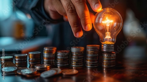 Businessman holds a glowing light bulb on top of the highest pile of coins, Placing coins in a row from low to high is comparable to saving money to grow more. Money saving ideas for investing in fund photo