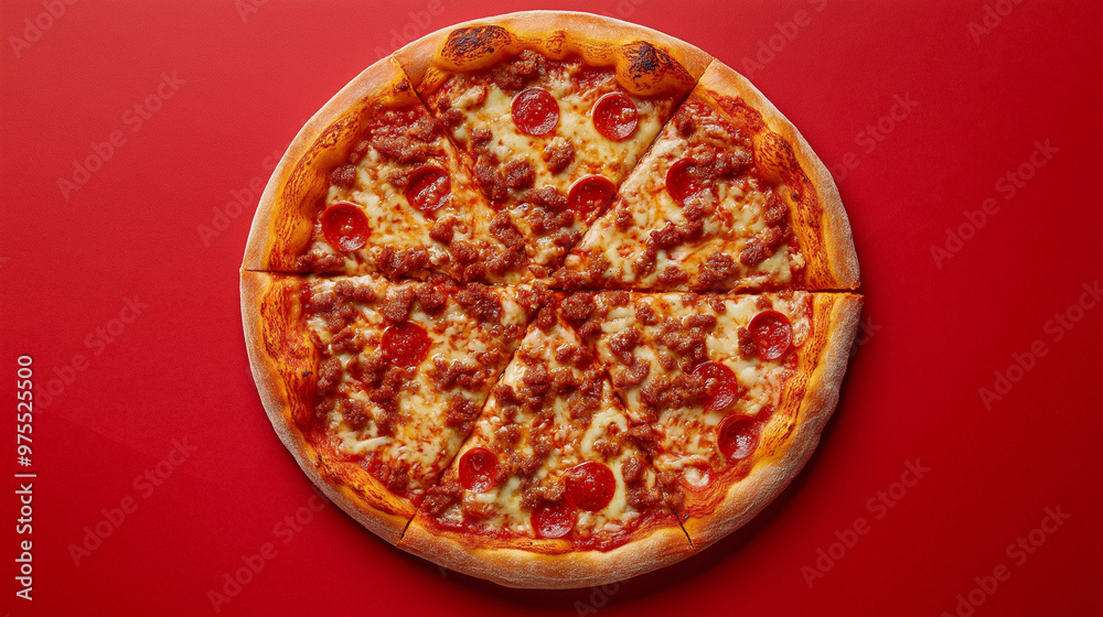 pizza with salami and cheese on red background pizza with salami and cheese on red background