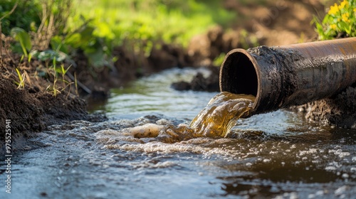 Wastewater pollution scene with an industrial pipe discharging dirty water into a river, emphasizing environmental contamination.