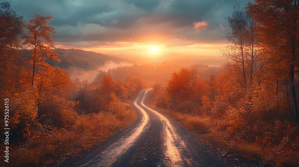 Obraz premium Winding road through autumn forest with a scenic sunset in the background.