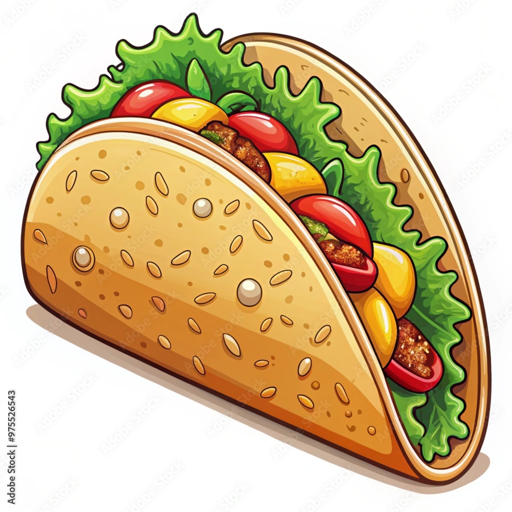 Cartoon style illustration of a taco filled with fresh ingredients Cartoon style illustration of a taco filled with fresh ingredients