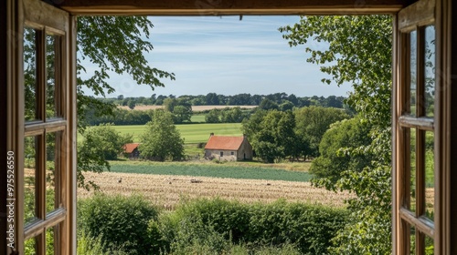 View through a window looking out over a rural landscape. The window is open and the view is of a field, a small farmhouse and trees.