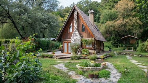 Rustic A-frame cabin with a stone chimney and a garden in summer. 