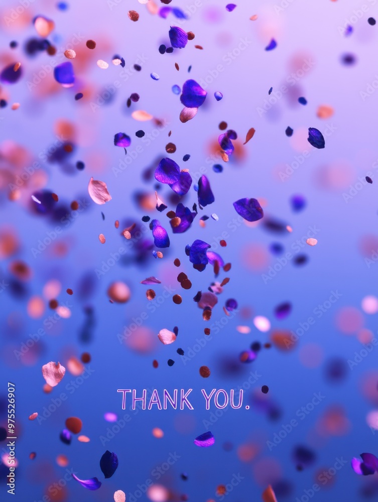 Purple and pink confetti falling from the sky with thank written on it Purple and pink confetti falling from the sky with thank written on it