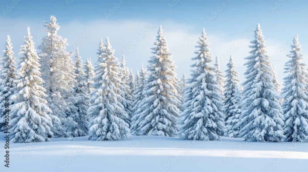 Snow-covered fir trees stand tall in a winter wonderland. Snow-covered fir trees stand tall in a winter wonderland.