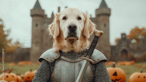 A brave dog in armor stands before a castle, surrounded by pumpkins, ready for a whimsical autumn adventure.
