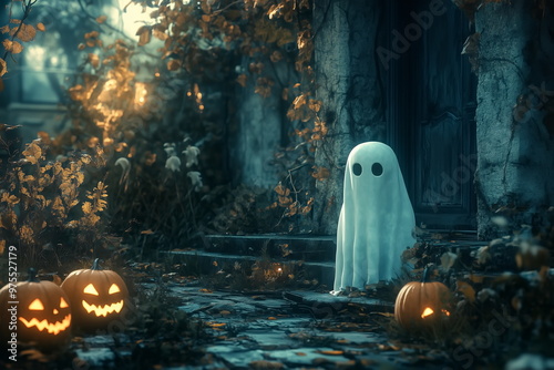 halloween scene with pumpkins and ghost photo