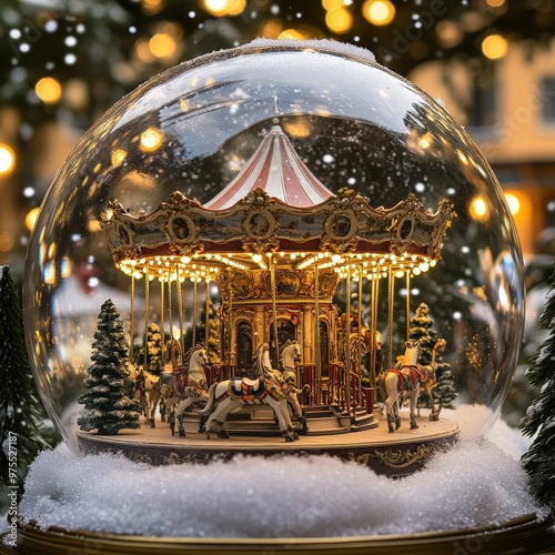 Boule à neige carrousel illuminé avec chevaux sous la neige photo