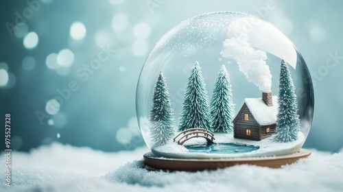 Boule à neige chalet en bois près d'un lac avec sapins enneigés photo