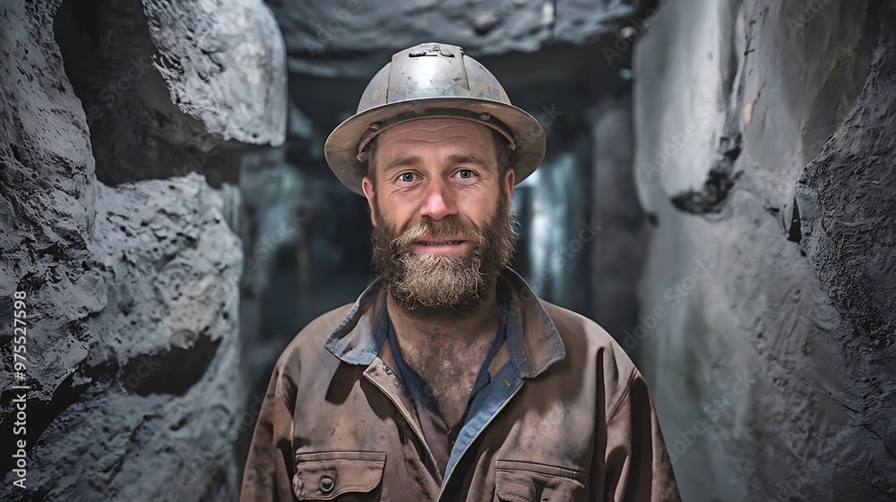 A Miner in a Helmet and Work Clothes, With a Beard and a Dirty Face A Miner in a Helmet and Work Clothes, With a Beard and a Dirty Face