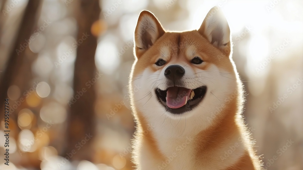 Portrait of a happy Shiba Inu dog outdoors with blur background and copy space