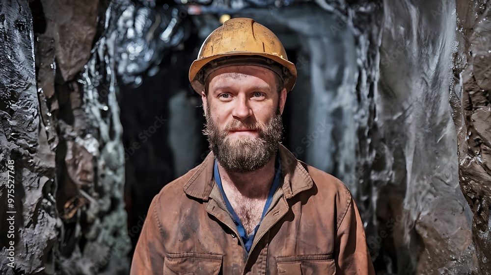 Fototapeta premium A Miner in a Helmet and Work Clothes, With a Beard and a Dirty Face