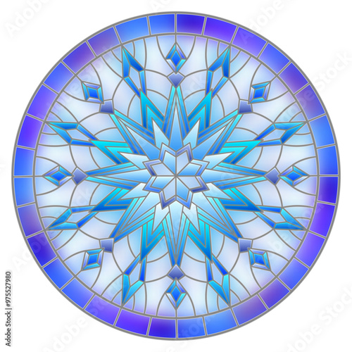 Illustration in stained glass style with snowflake in blue colors in a frame ,round image