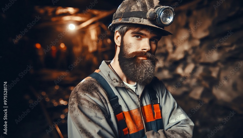 Fototapeta premium A Miner in a Helmet and Work Clothes, With a Beard and a Dirty Face