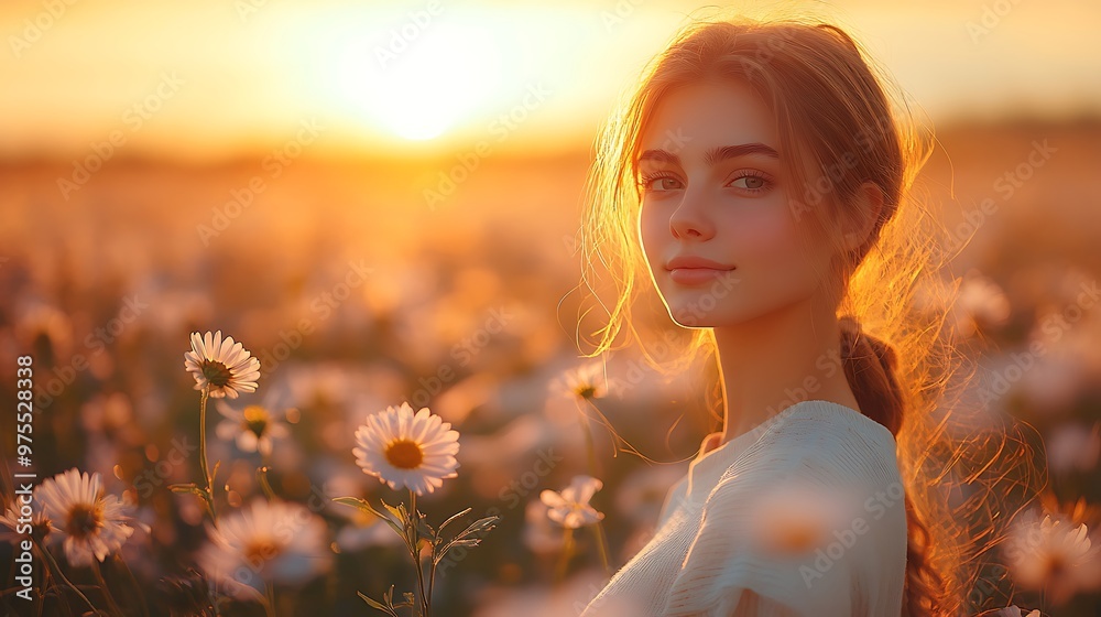A young woman with long blonde hair stands in a field of daisies, looking at the camera with a warm sunset behind her.