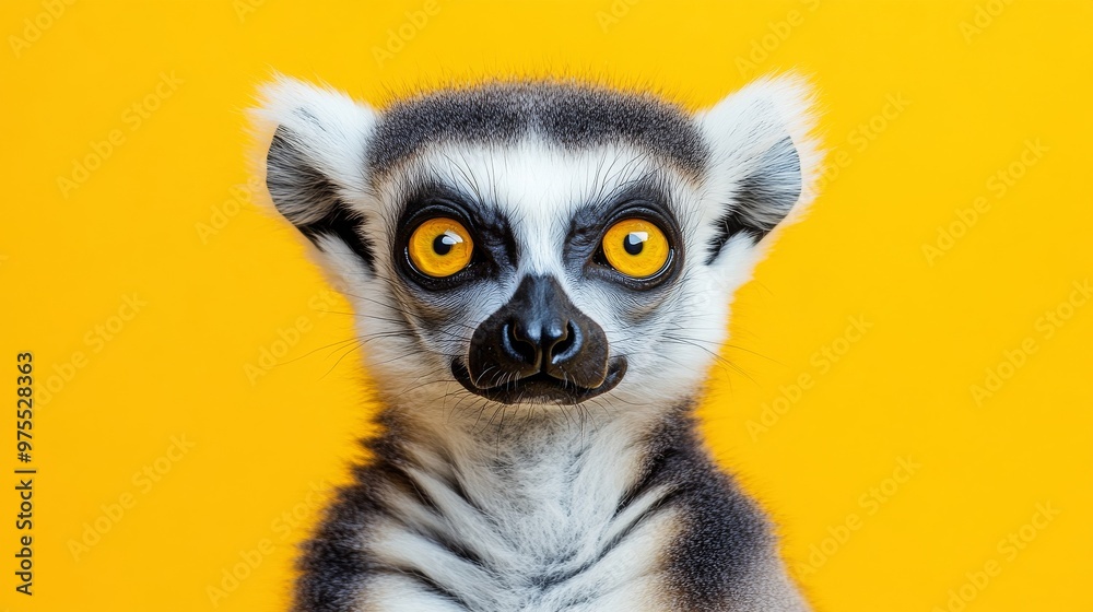 Ring-tailed lemur on bright yellow background, vibrant wildlife portrait. Animal expression and color contrast concept Ring-tailed lemur on bright yellow background, vibrant wildlife portrait. Animal expression and color contrast concept