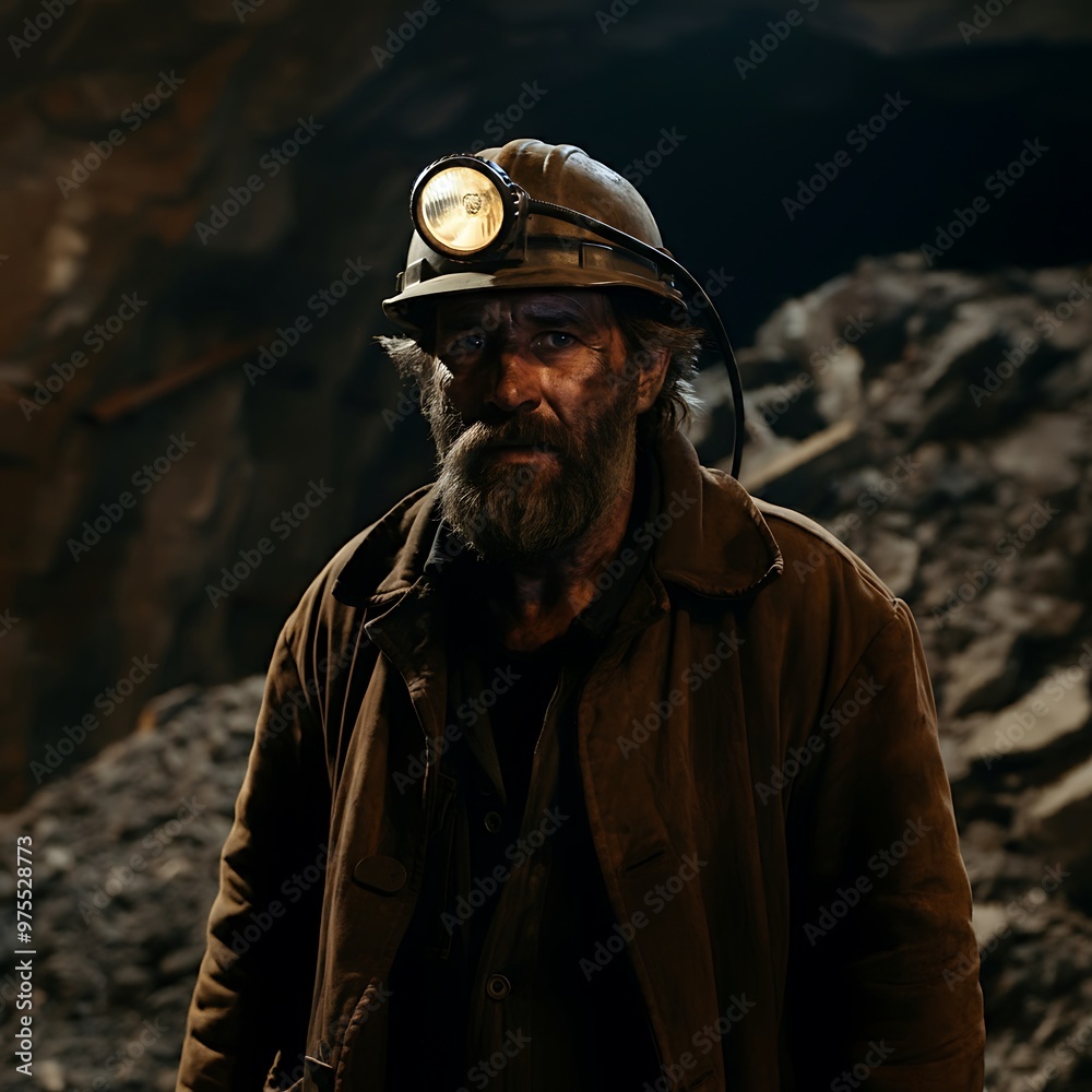 A Miner in a Helmet and Work Clothes, With a Beard and a Dirty Face A Miner in a Helmet and Work Clothes, With a Beard and a Dirty Face
