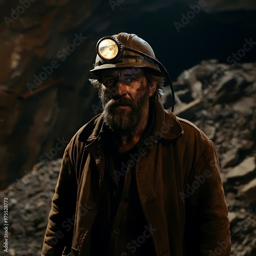 A Miner in a Helmet and Work Clothes, With a Beard and a Dirty Face