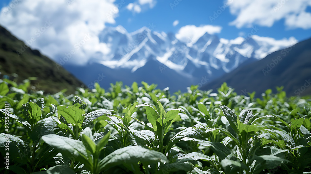 A close-up of Himalayan medicinal herbs growing in their natural mountainous habitat, with a backdrop of snow-capped peaks A close-up of Himalayan medicinal herbs growing in their natural mountainous habitat, with a backdrop of snow-capped peaks