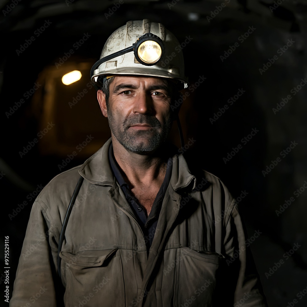 Fototapeta premium A Miner in a Helmet and Work Clothes, With a Beard and a Dirty Face