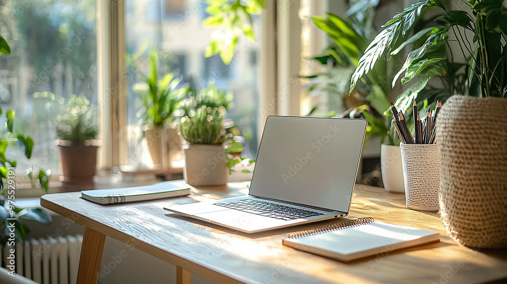 Fototapeta premium A laptop is on a wooden desk with a few potted plants in the background