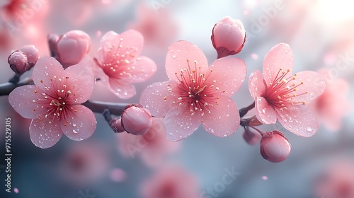 Close-up of delicate pink cherry blossoms with water droplets.