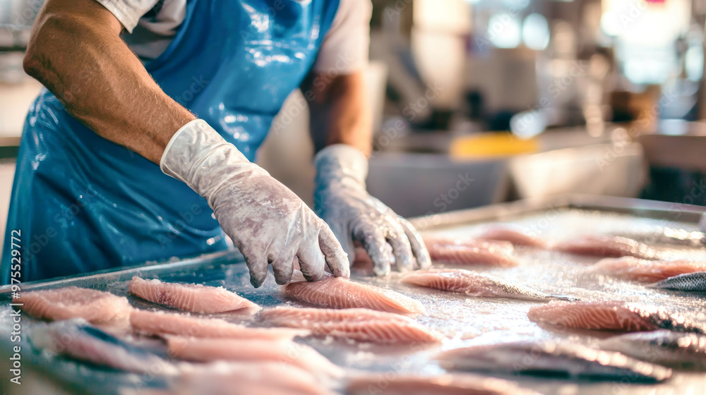 In a well-lit factory, a diligent worker in a blue apron and rubber gloves meticulously prepares fish on a gleaming table, showcasing expertise and focus
